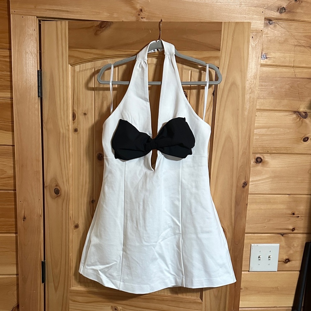 Anthropologie Halter White Mini Dress with Black Accent